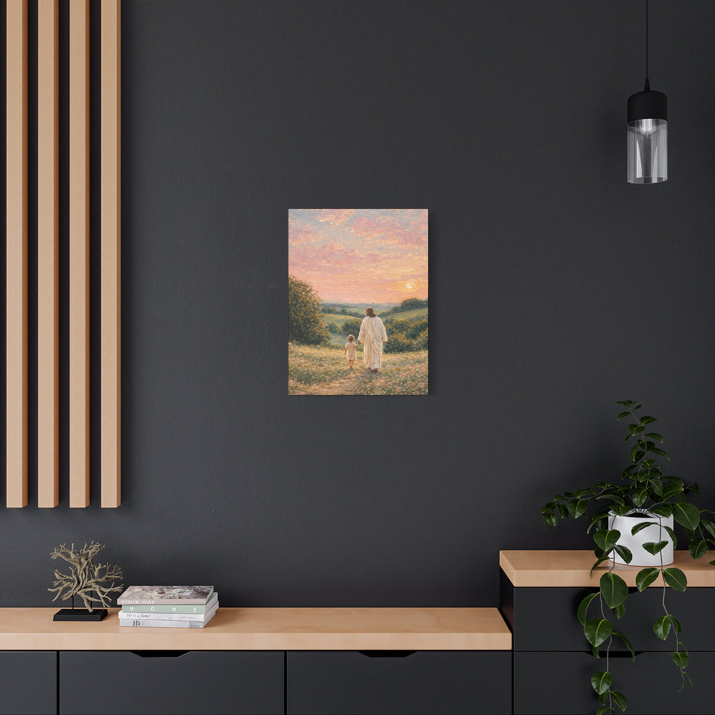 Jesus Walking With a Child Canvas Print Christian Wall Art Matte Canvas Faith Filled Landscape Artwork