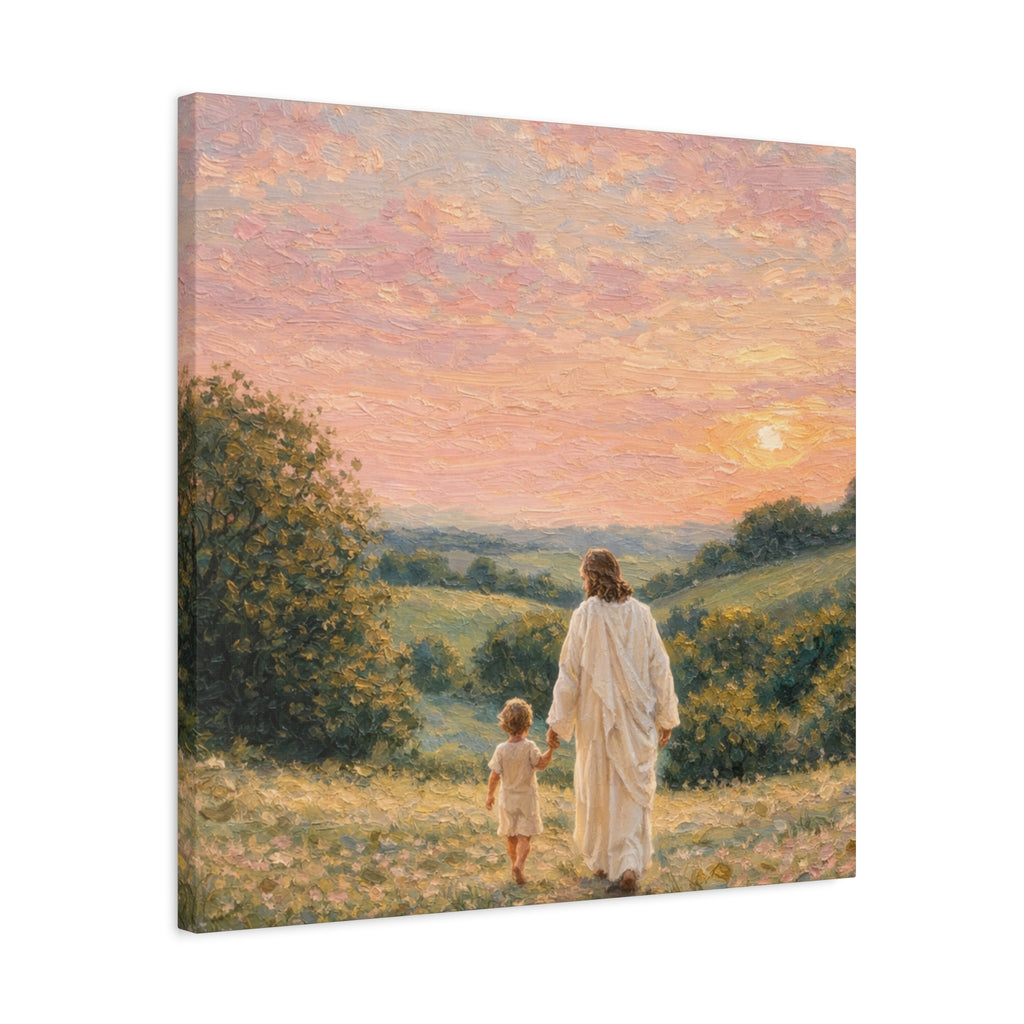 Jesus Walking With a Child Canvas Print Christian Wall Art Matte Canvas Faith Filled Landscape Artwork