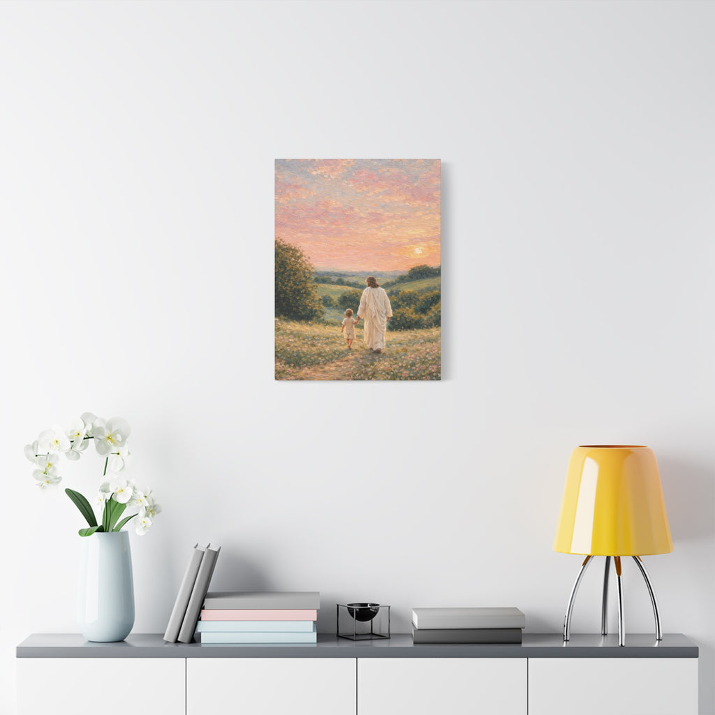 Jesus Walking With a Child Canvas Print Christian Wall Art Matte Canvas Faith Filled Landscape Artwork