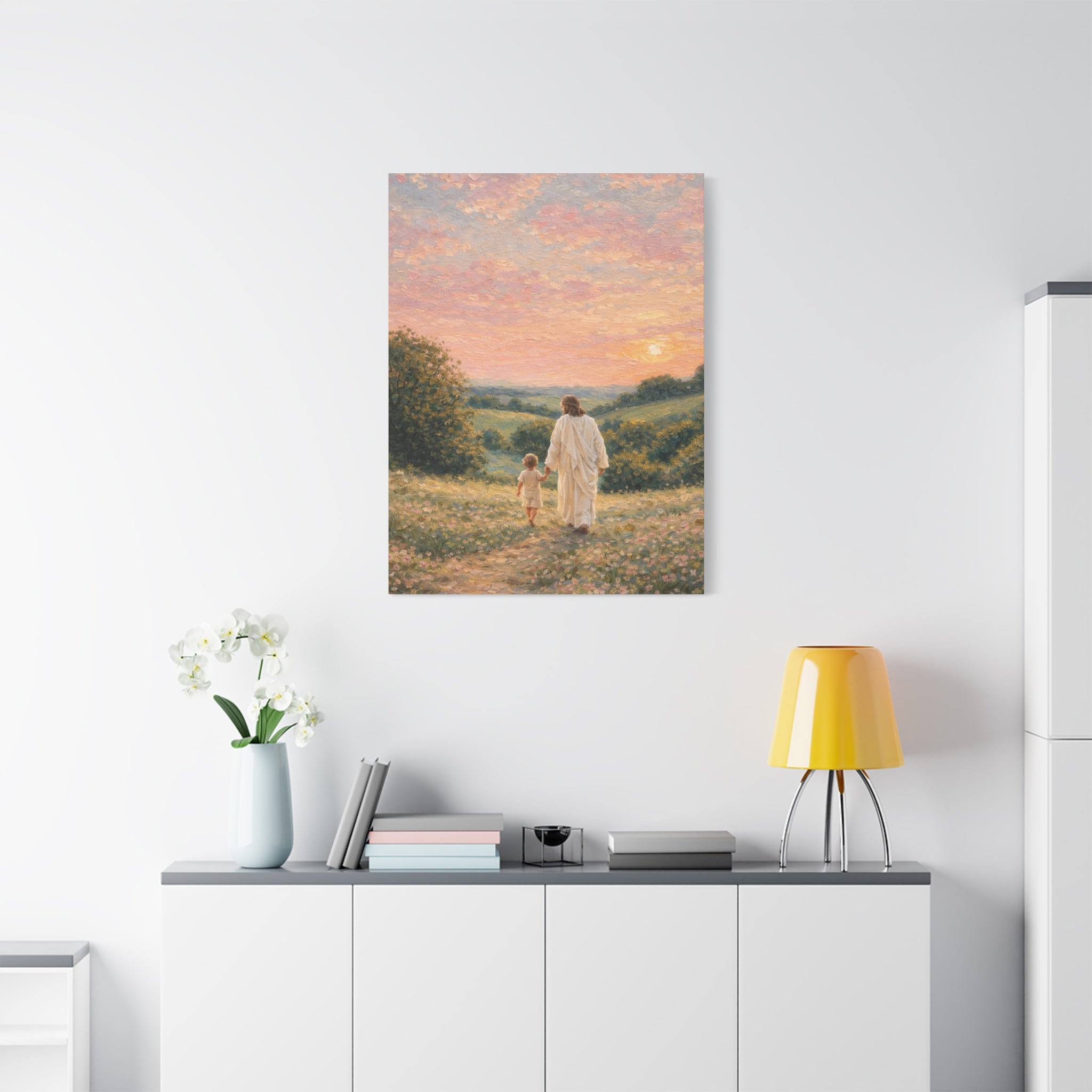 Jesus Walking With a Child Canvas Print Christian Wall Art Matte Canvas Faith Filled Landscape Artwork