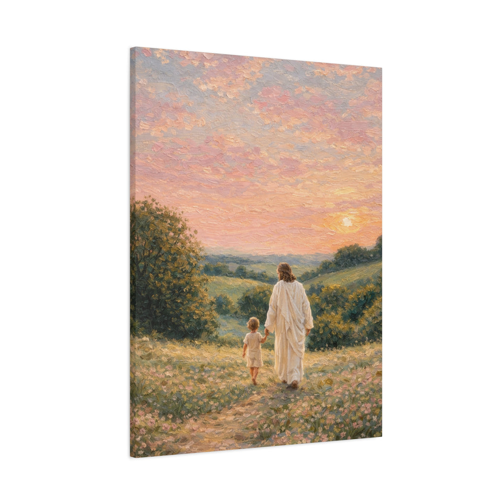 Jesus Walking With a Child Canvas Print Christian Wall Art Matte Canvas Faith Filled Landscape Artwork